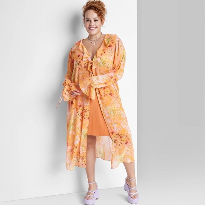 Women's Plus Size Ruffle Duster Jacket - Wild Fable Orange Floral