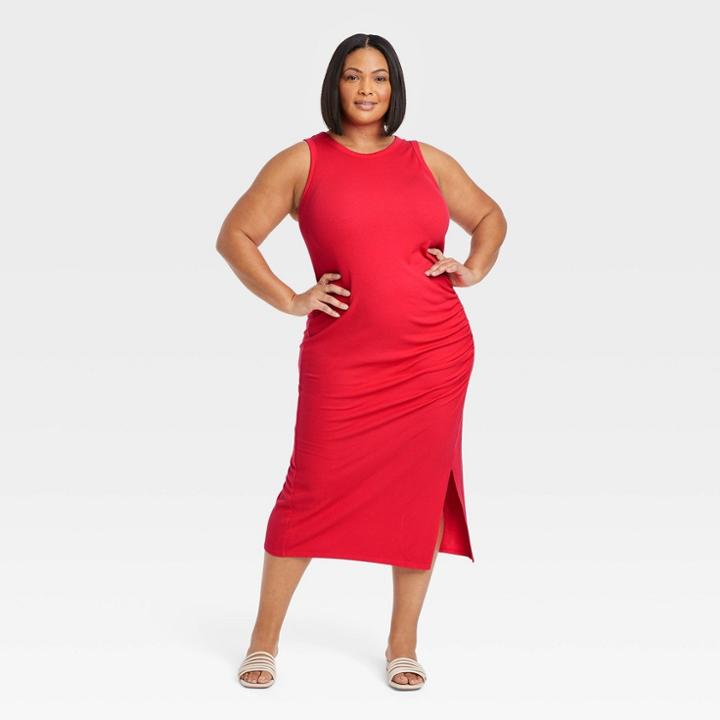 Women's Plus Size Sleeveless Ruched Side Slit Bodycon Dress - Ava & Viv Red