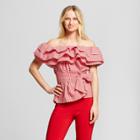 Women's Gingham Seersucker Ruffle Bardot Top - Who What Wear Red