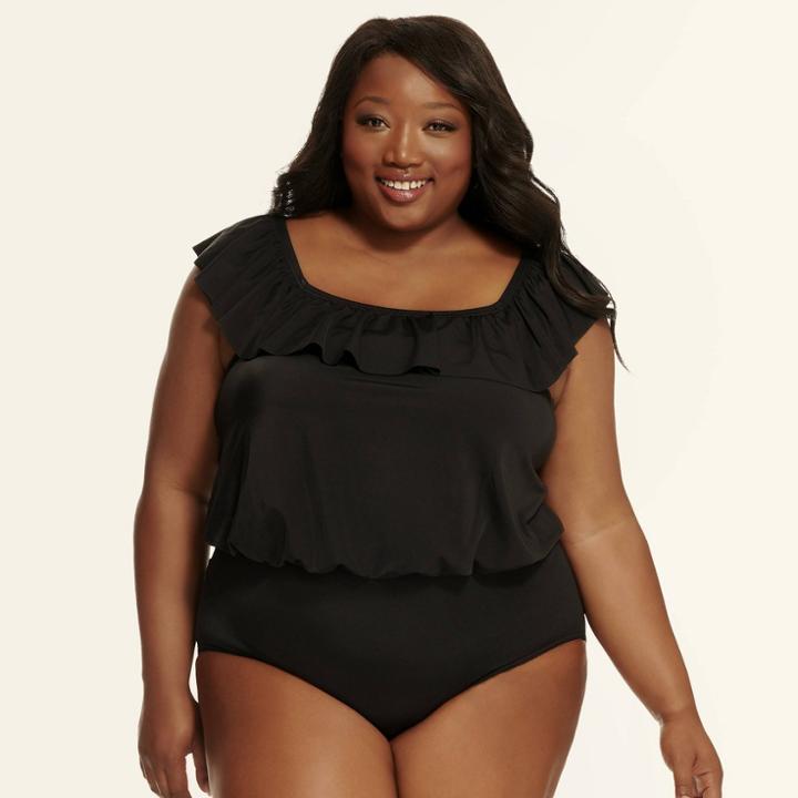 Target Plus Size Dreamsuit By Miracle Brands Women's Plus Slimming Control Blouson Off The Shoulder One Piece Swimsuit - Black