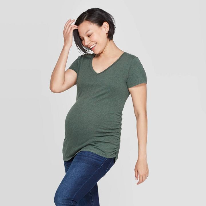 Maternity Short Sleeve Shirred V-neck T-shirt - Isabel Maternity By Ingrid & Isabel Dark Green