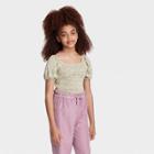 Girls' Smocked Bodice Puff Sleeve Woven Top - Art Class Light Green Floral