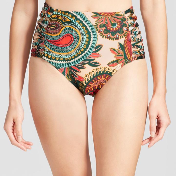 Clean Water Women's Paisley Strappy High Waist Bikini Swim Bottoms - Olive L,