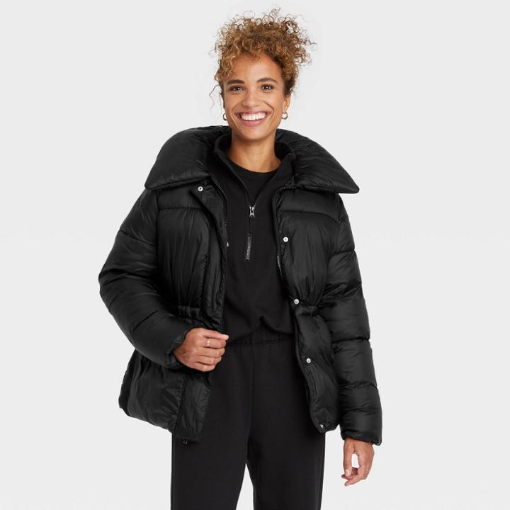 Women's Medium Length Shine Puffer Jacket - A New Day Black
