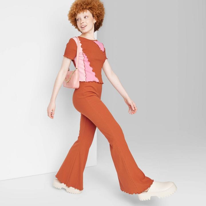 Women's High-waisted Ribbed Flare Leggings - Wild Fable Rust Xxs, Red