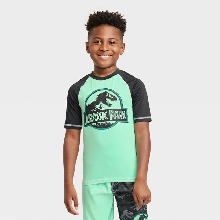 Boys' Jurassic Park Short Sleeve Rash Guard Swimsuit Top - Green