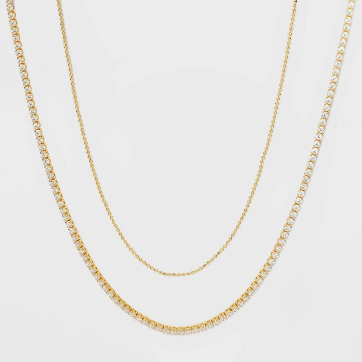 14k Gold Plated Cubic Zirconia Chain Layered Statement Necklace - A New Day Gold