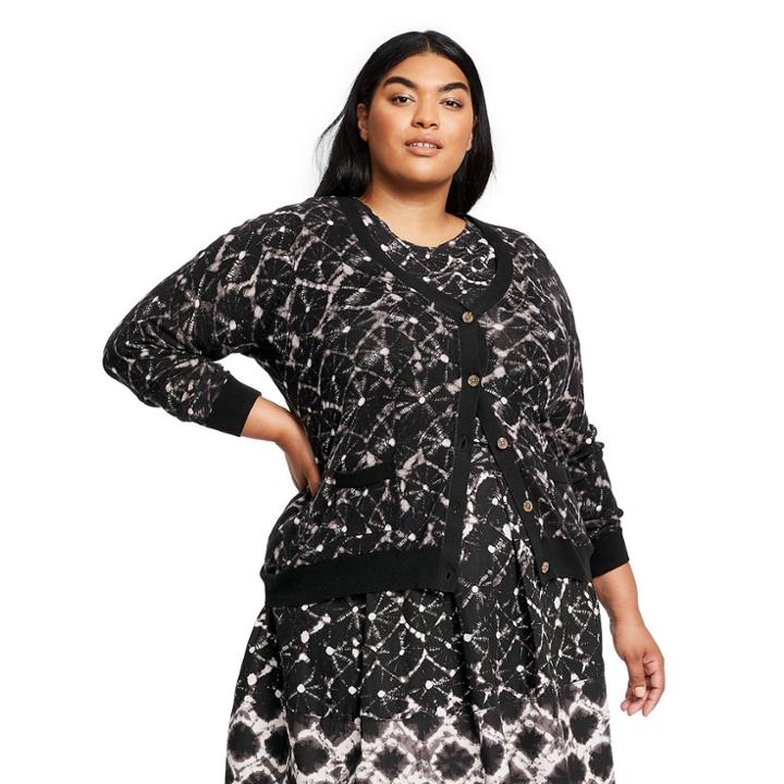 Women's Plus Size Shibori Print Long Sleeve V-neck Cardigan - Thakoon For Target Black/white 2x, Women's, Size: 2xl, Black White