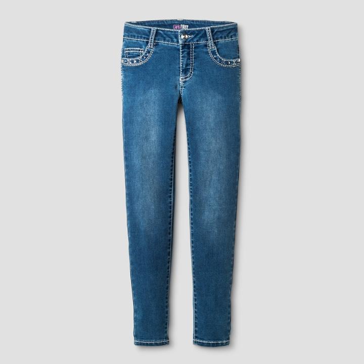 Girls First Girls' Knit Skinny Jeans With Rhinestone Details Medium Denim Wash