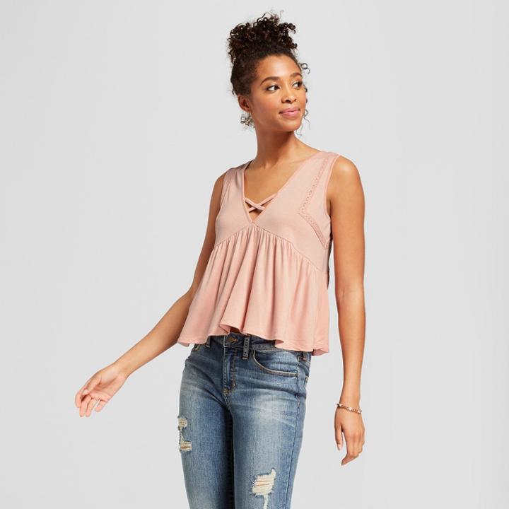 Women's Floral Cross Front Crop Babydoll Tank Top - Soul Cake (juniors') Blush