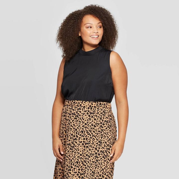 Women's Plus Size Sleeveless Mock Turtleneck Satin Blouse - A New Day Black