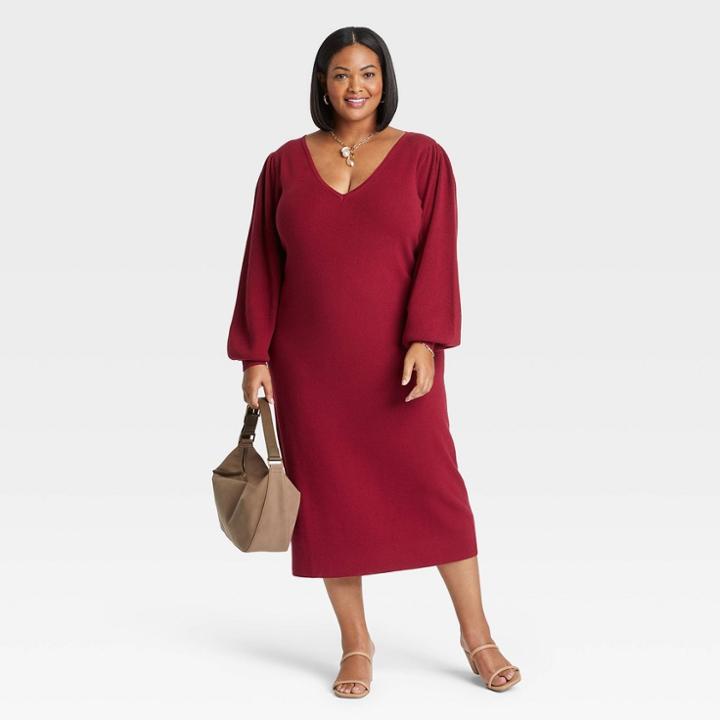 Women's Plus Size Balloon Long Sleeve Sweater Dress - Ava & Viv Burgundy X, Red