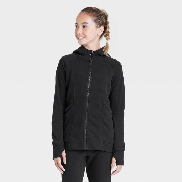 Girls' Fleece Full Zip Hooded Sweatshirt - All In Motion Black