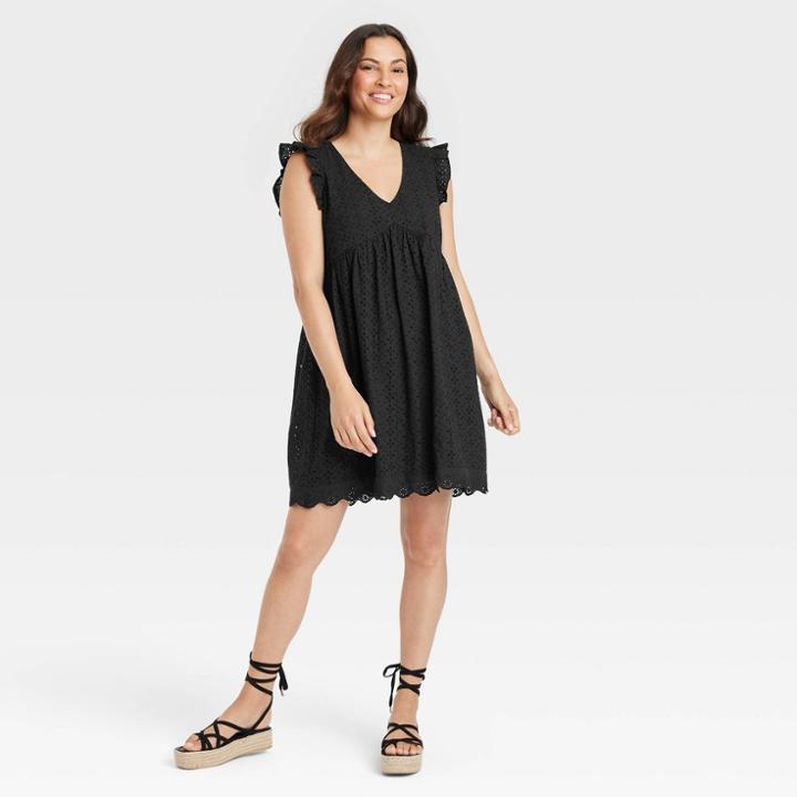 Women's Ruffle Short Sleeve Eyelet A-line Dress - Knox Rose Black