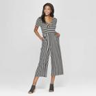 Women's Striped Short Sleeve Tie Front Knit Jumpsuit - Xhilaration Black/white