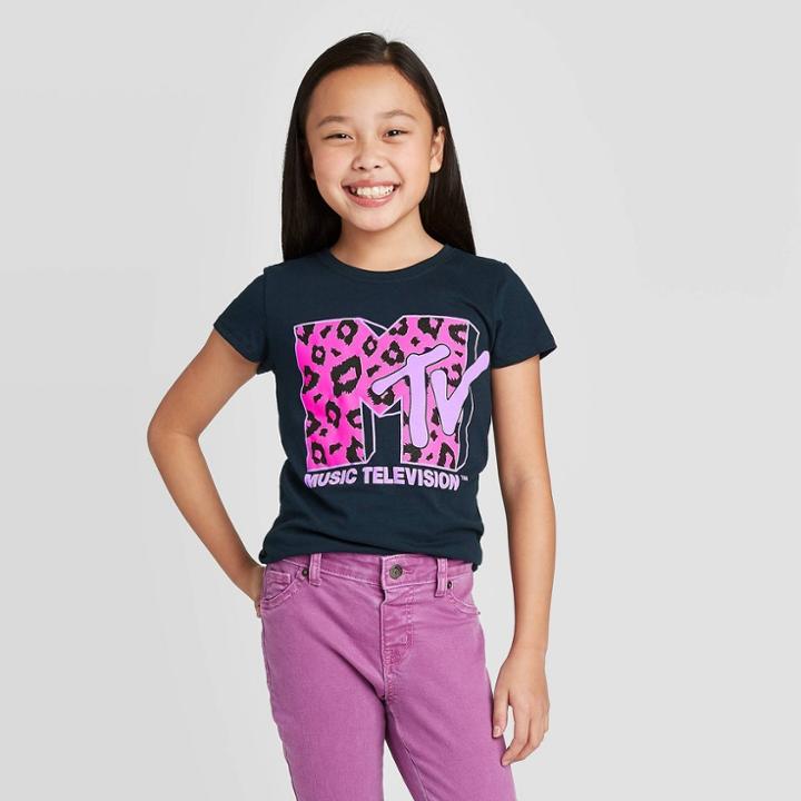 Girls' Mtv Leopard T-shirt - Deep Navy, Girl's,