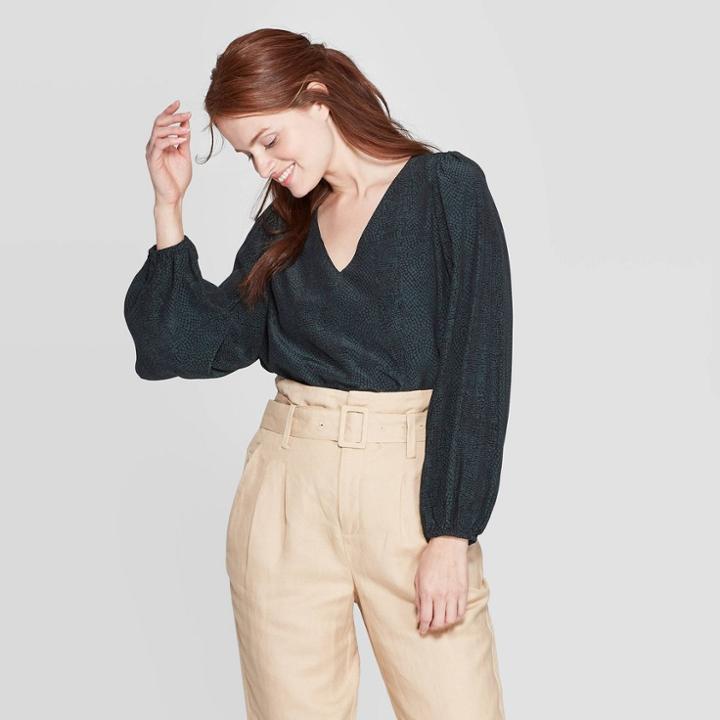 Women's Animal Print Regular Fit Long Sleeve V-neck Blouse - A New Day Green