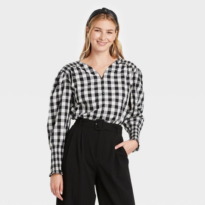 Women's Gingham Check Long Sleeve Smocked Poplin Top - A New Day Black/white