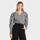 Women's Gingham Check Long Sleeve Smocked Poplin Top - A New Day Black/white