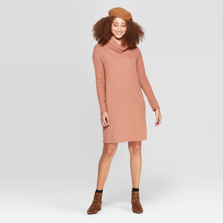 Women's Easy Fit Elbow Sleeve Turtleneck Knit Dress - A New Day Brown