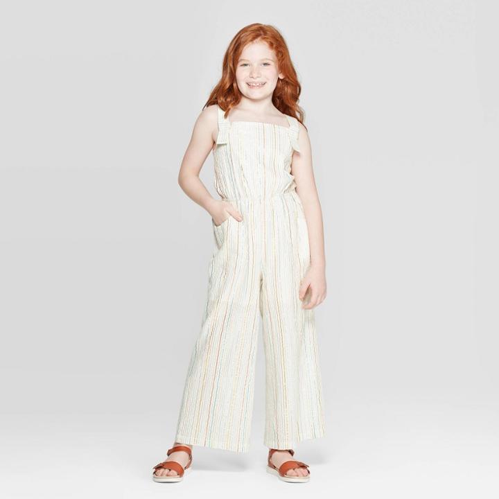 Girls' Metallic Stripe Jumpsuit - Cat & Jack Cream
