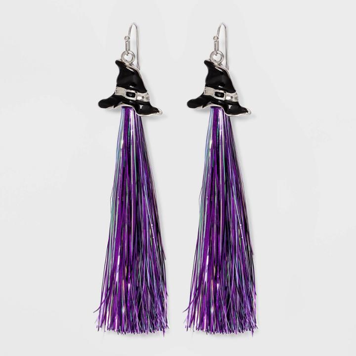 No Brand Witch Hat With Tinsel Tassel Drop Earrings - Black/purple