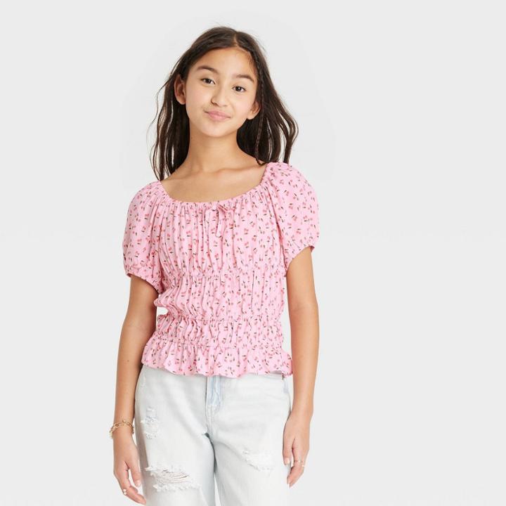 Girls' Puff Cap Sleeve Peplum Shirt - Art Class Pink Cherry