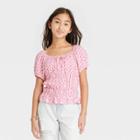 Girls' Puff Cap Sleeve Peplum Shirt - Art Class Pink Cherry