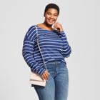 Women's Plus Size Drapey Striped Boatneck Long Sleeve T-shirt - Ava & Viv Navy (blue) X
