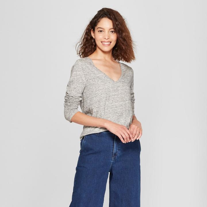 Women's Long Sleeve Vintage V-neck T-shirt - A New Day Spacedye Heather Gray M, Spacedye Heather Grey