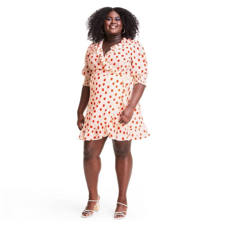 Plus Size Polka Dot Puff Sleeve Ruffle Wrap Dress - Rixo For Target Cream/red