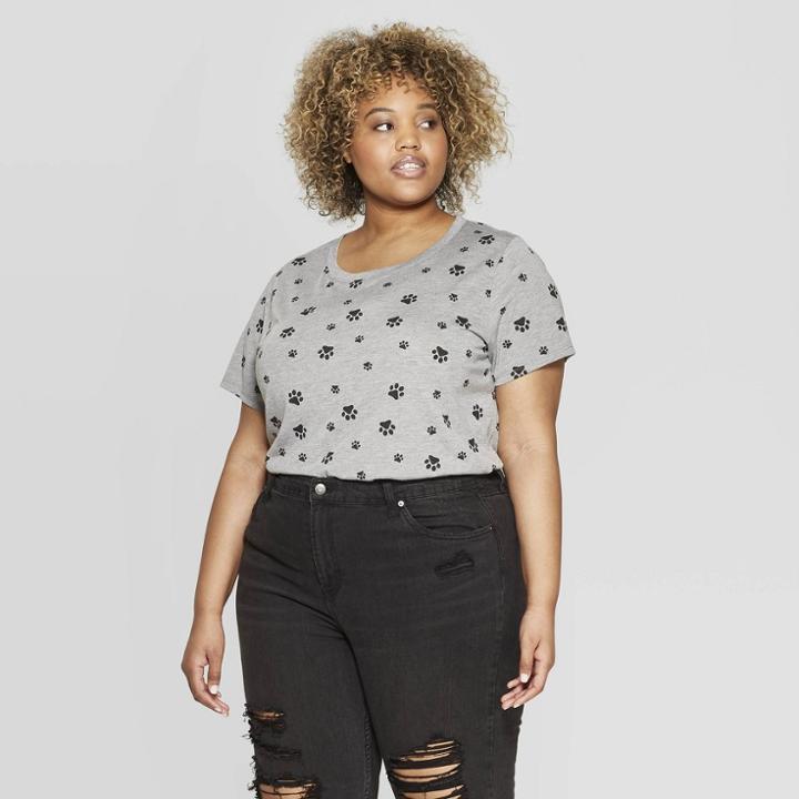 Women's Plus Size Animal Print Short Sleeve Dog Paw T-shirt - Modern Lux (juniors') - Gray