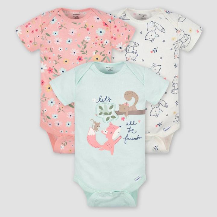 Gerber Baby 3pk Fox Short Sleeve Onesies - Orange/white/light Blue Newborn