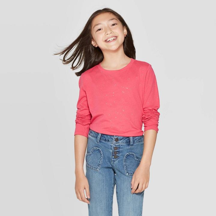 Girls' Sparkle V-neck Long Sleeve T-shirt - Cat & Jack Dark Pink