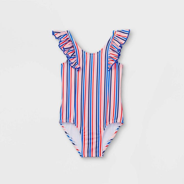 Toddler Girls' Striped Ruffle Sleeve One Piece Swimsuit - Cat & Jack Blue/coral/white