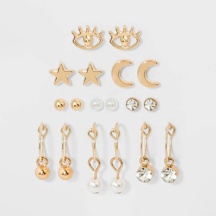 Star Evil Eye Cresent Moon And Hoop Multi Earring Set 9pc - Wild Fable , Gold/white