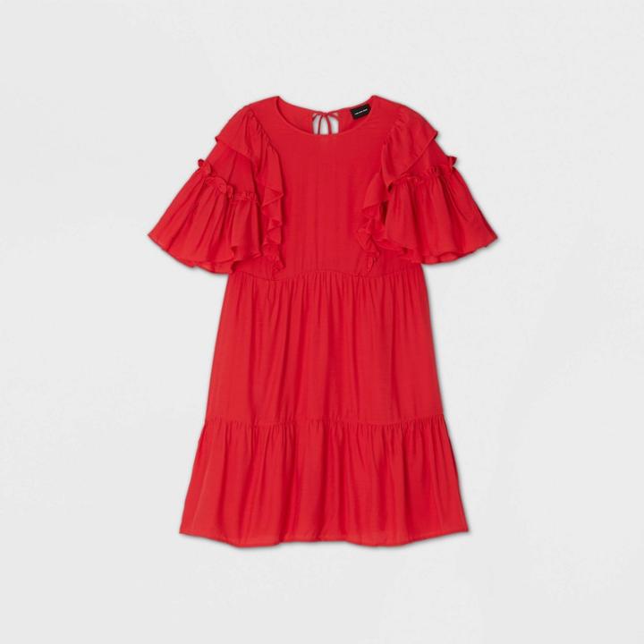 Women's Bell Short Sleeve Silky Ruffle Dress - Who What Wear Red