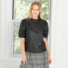 Women's Faux Leather Puff Elbow Sleeve Button-down Shirt - Who What Wear Black