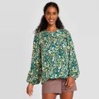 Women's Floral Print Long Sleeve Button-front Blouse - A New Day Green