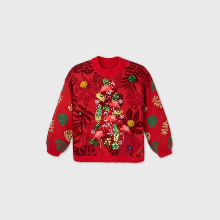 33 Degrees Women's Plus Size Flamingo Christmas Tree Graphic Pullover Sweater - Red