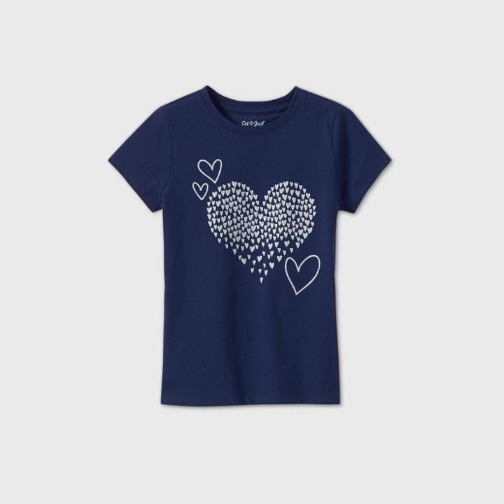 Girls' Short Sleeve Glitter Hearts Graphic T-shirt - Cat & Jack Navy