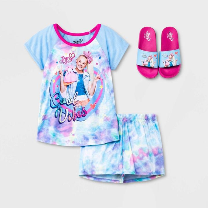 Girls' Jojo Siwa 'cool Vibes' 2pc Tie-dye Pajama Set With Slides - Blue