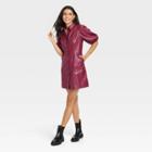 Women's Puff Short Sleeve Faux Leather A-line Dress - A New Day Burgundy