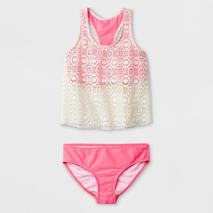 Malibu Dream Girl Girls' Effervescent Crochet Tankini Set - Pink