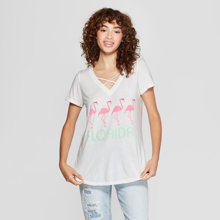 Petitewomen's Short Sleeve Florida Flamingo Graphic T-shirt - Awake White