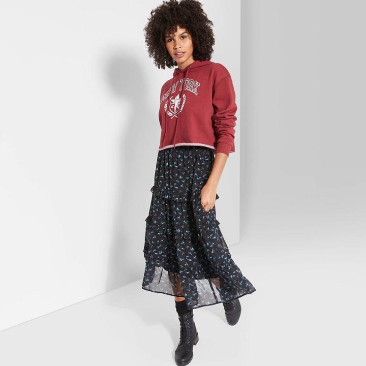 Women's Floral Print Tiered Midi A Line Skirt - Wild Fable Black