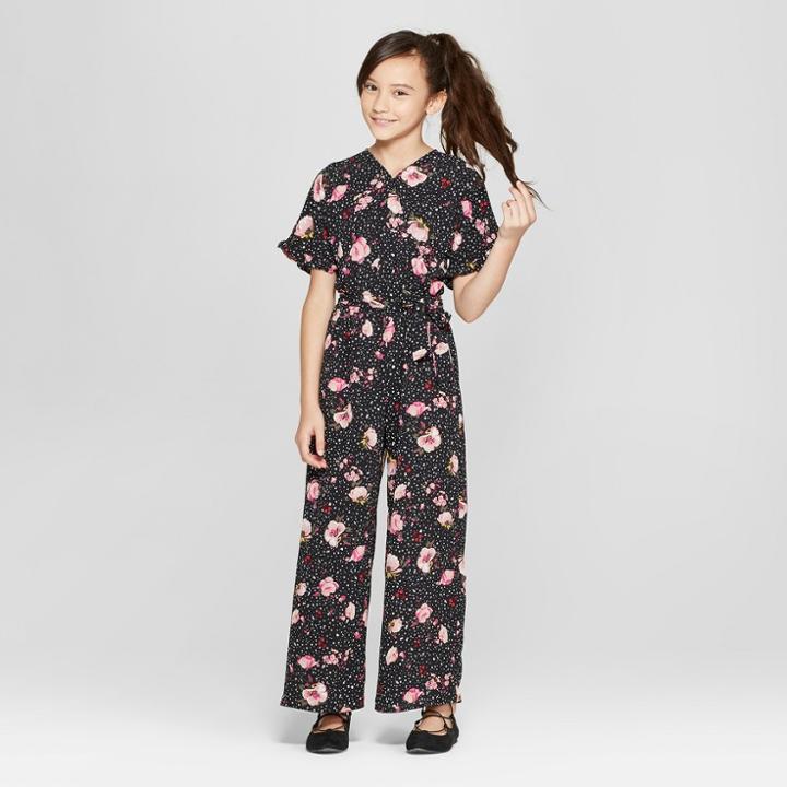 Girls' All Over Flower Print Jumpsuit - Art Class Black
