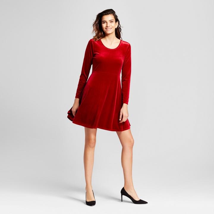 Women's Velvet Scoop Neck Fit & Flare Dress - Alison Andrews Red
