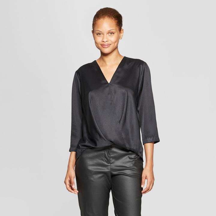 Women's Long Sleeve V-neck Wrap Blouse - Prologue Black