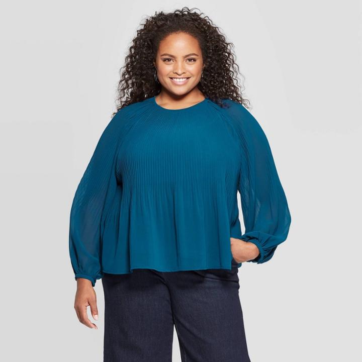Women's Plus Size Ruffle Long Sleeve Round Neck Blouse - A New Day Blue X, Women's, Blue Black